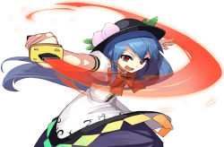 Rule 34 | 1girl, absurdres, black hat, blue hair, blue skirt, bow, bowtie, cowboy shot, food, fps, fruit, hat, hat leaf, highres, hinanawi tenshi, leaf, long hair, looking at viewer, open mouth, peach, puffy short sleeves, puffy sleeves, red bow, red bowtie, red eyes, shirt, short sleeves, simple background, skirt, slashing, smile, solo, sword of hisou, touhou, white background, white shirt