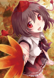 Rule 34 | 1girl, black hair, bow, hand fan, frilled skirt, frills, hat, leaf, looking at viewer, maple leaf, open mouth, outstretched arm, puffy sleeves, red eyes, sakura ran, shameimaru aya, shirt, short hair, short sleeves, skirt, smile, solo, string, tokin hat, touhou, white shirt
