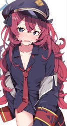 Rule 34 | 1girl, absurdres, armband, black shirt, blouse, blue archive, blush, collarbone, halo, hat, highres, iroha (blue archive), jacket, looking at viewer, military, military hat, military uniform, morumoru x, necktie, off shoulder, red hair, red necktie, safety pin, shirt, simple background, solo, sweatdrop, uniform, white background