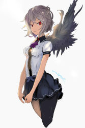 Rule 34 | 1girl, 2016, alternate costume, ascot, asymmetrical legwear, bad id, bad twitter id, black skirt, black wings, breasts, brooch, closed mouth, cowboy shot, dated, dress shirt, feathered wings, from side, houdukixx, jewelry, kishin sagume, looking at viewer, medium breasts, miniskirt, pantyhose, puffy sleeves, red eyes, shirt, short hair, silver hair, single leg pantyhose, single wing, skirt, solo, touhou, uneven legwear, white background, white shirt, wings