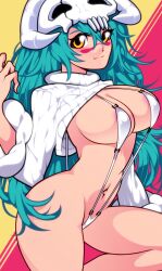 Rule 34 | 1girl, absurdres, aged up, aqua marine (aqua000marine), areola slip, arrancar, bikini, bleach, breasts, cleavage, covered erect nipples, cropped sweater, facial mark, green hair, highres, large breasts, long hair, long sleeves, looking at viewer, navel, nelliel tu odelschwanck, ribbed sweater, skull, skull on head, slingshot swimsuit, solo, sweater, swimsuit, turtleneck, turtleneck sweater, white bikini, white sweater, yellow eyes