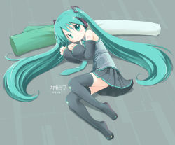 Rule 34 | 1girl, emudon, emurin, hatsune miku, long hair, lying, solo, spring onion, thighhighs, twintails, very long hair, vocaloid