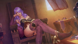 Rule 34 | 1girl, armchair, armor, artist name, ass, bare shoulders, book, breasts, camilla (fire emblem), chair, cleavage, unworn clothes, corset, crossed legs, cup, curtains, detached sleeves, deviantart username, drinking glass, feet, fire emblem, fire emblem fates, hair over one eye, hand on another&#039;s head, head tilt, highres, krystopher decker, large breasts, looking at viewer, nail polish, nintendo, open book, panties, patreon username, pillow, purple hair, purple thighhighs, sitting, smile, solo, sunlight, table, thighhighs, underwear, watermark, wavy hair, web address, window, wine glass
