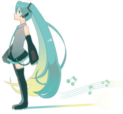 Rule 34 | 1girl, blue hair, from side, hatsune miku, hayato (meromoni), long hair, musical note, notes, solo, staff (music), thighhighs, twintails, very long hair, vocaloid