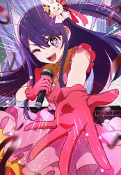 Rule 34 | 1girl, absurdres, belt, bow, dress, frilled dress, frilled gloves, frills, gloves, hair ornament, heart, highres, holding, holding microphone, hoshino ai (oshi no ko), idol, long hair, microphone, multicolored eyes, omoticarry, one eye closed, one side up, open mouth, oshi no ko, pink bow, pink dress, pink eyes, pink gloves, pink ribbon, purple belt, purple eyes, purple hair, rabbit hair ornament, reaching, reaching towards viewer, ribbon, solo, star-shaped pupils, star (symbol), star hair ornament, symbol-shaped pupils, teeth, turtleneck, turtleneck dress