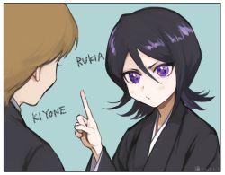 Rule 34 | 2girls, black hair, black kimono, bleach, blue background, blush, brown hair, character name, closed mouth, commentary, dated, english commentary, hair between eyes, hand up, index finger raised, japanese clothes, jou (jo jjo), kimono, kotetsu kiyone, kuchiki rukia, long sleeves, multiple girls, parted bangs, purple eyes, simple background, upper body, wide sleeves