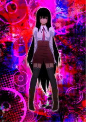 Rule 34 | 1girl, arms behind back, bad id, bad pixiv id, black hair, boots, garter straps, long hair, necktie, orange eyes, original, psychedelic, solo, thighhighs, very long hair, zettai ryouiki, zucchini