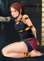 Rule 34 | 2girls, annoyed, barefoot, bike shorts, black tank top, blue eyes, bound, bound ankles, bound torso, bound wrists, breasts, brown hair, capcom, claire redfield, feet, hand on another&#039;s chin, highres, jewelry, legs, lost one zero, multiple girls, necklace, resident evil, resident evil 2, seiza, shirt, shorts, sitting, sleeveless, sleeveless shirt, solo, tank top, tape, thighs