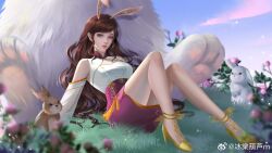 Rule 34 | 1girl, animal, animal ears, bare legs, bing tang hulu, brown hair, closed mouth, detached sleeves, douluo dalu, expressionless, flower, grass, high heels, highres, jiang nannan (douluo dalu), long hair, long sleeves, looking at viewer, outdoors, oversized animal, purple flower, purple skirt, rabbit, rabbit ears, sitting, skirt