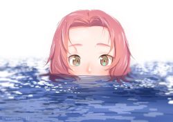 Rule 34 | 1girl, girls und panzer, highres, looking at viewer, mouth under water, one-hour drawing challenge, oze (xyz go go11), painterly, partially submerged, pink hair, rosehip (girls und panzer), short hair, solo, twitter username, white background, yellow eyes