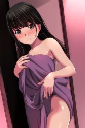 Rule 34 | 1girl, absurdres, bare legs, bare shoulders, black hair, blush, brown hair, collarbone, commentary request, covering privates, hand up, highres, holding, holding towel, long hair, looking at viewer, matsunaga kouyou, naked towel, no panties, no pants, no shirt, nude cover, original, room, smile, solo, standing, straight hair, towel