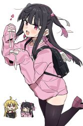 Rule 34 | &gt; &lt;, backpack, bad id, bad twitter id, bag, bandaged neck, bandages, black bag, black hair, black thighhighs, blonde hair, blush, bocchi the rock!, chibi, earrings, fang, fashion, goth fashion, hair ornament, hair ribbon, heart, highres, ijichi seika, jewelry, jirai kei, long hair, long sleeves, looking at another, looking at viewer, multicolored hair, multiple girls, open mouth, pink hair, pink sweater, pink theme, ribbon, satou aiko, shisoneri, simple background, skin fang, sleeve ribbon, sleeves past fingers, sleeves past wrists, smile, solo focus, sweater, tears, thighhighs, twintails, two-tone hair, two side up, white background, winged bag, yami kawaii