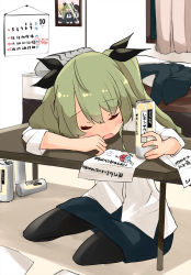 Rule 34 | 1girl, anchovy (girls und panzer), barashiya, bed, bedroom, beer can, black pantyhose, black ribbon, blue skirt, calendar (object), can, carpaccio (girls und panzer), closed eyes, commentary, curtains, drawing (object), dress shirt, drill hair, drink can, drunk, girls und panzer, green hair, hair ribbon, highres, holding, holding can, indoors, long hair, long sleeves, miniskirt, open mouth, pantyhose, paper, pencil skirt, pepperoni (girls und panzer), ribbon, shirt, sitting, skirt, sleeping, sleeves rolled up, solo, table, twin drills, twintails, untucked shirt, white shirt, yokozuwari
