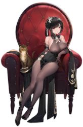 Rule 34 | 1girl, azur lane, bare shoulders, black dress, black footwear, black hair, bodystocking, breasts, brown gloves, cat, chair, chen hai (azur lane), chen hai (vestibule of wonders) (azur lane), china dress, chinese clothes, cleavage, covered navel, dress, elbow gloves, flower, full body, gloves, gujianshaonu, hair flower, hair ornament, highres, lace, lace-trimmed gloves, lace trim, large breasts, long hair, looking at viewer, official alternate costume, official art, pelvic curtain, purple eyes, see-through, sitting, sleeveless, sleeveless dress, solo, taut clothes, taut dress, transparent background, white flower