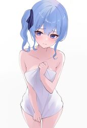 Rule 34 | 1girl, absurdres, bare shoulders, blue eyes, blue hair, blush, closed mouth, collarbone, fawny, foreshortening, hair between eyes, highres, hololive, hoshimachi suisei, looking at viewer, naked towel, side ponytail, sidelocks, simple background, solo, towel, virtual youtuber, white background, white towel