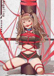 Rule 34 | 1girl, angelina (arknights), animal ears, arknights, arms behind back, bad id, bad pixiv id, ball gag, bdsm, black choker, black shirt, black skirt, blush, bondage, bound, breasts, brown hair, character name, chinese commentary, choker, column, commentary request, crop top, fox ears, gag, gagged, hairband, highres, long hair, long sleeves, microskirt, midriff, mirrorya, panties, partial commentary, pillar, red eyes, red hairband, rope, shibari, shirt, skirt, small breasts, solo, star (symbol), stomach, striped clothes, striped panties, thighs, twintails, underwear, wiffle gag
