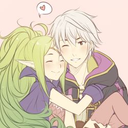 Rule 34 | 1boy, 1girl, ^ ^, brown eyes, cape, carrying, closed eyes, fire emblem, fire emblem awakening, gloves, green hair, heart, nintendo, nowi (fire emblem), one eye closed, pointy ears, ponytail, princess carry, robin (fire emblem), robin (male) (fire emblem), smile, spoken heart, tusia, white hair