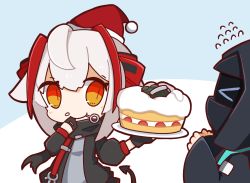 Rule 34 | &gt; &lt;, 1girl, 1other, antennae, arknights, black gloves, black jacket, black scarf, blush, cake, chibi, doctor (arknights), explosive, flying sweatdrops, food, food on face, gloves, grenade, grenade pin, hair between eyes, hat, holding, holding plate, hood, hood up, hooded jacket, horns, jacket, mouth hold, nuu (nu-nyu), plate, red eyes, santa hat, scarf, simple background, smile, tail, two-tone background, upper body, w (arknights), white hair