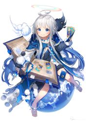 Rule 34 | 1girl, ahoge, anklet, ball, barefoot, blue cloak, blue ribbon, blue theme, blush, book, braid, card, cloak, closed mouth, cloud, dress, feet, french braid, halo, highres, holding, holding book, holding card, holding pen, jewelry, long hair, long sleeves, looking at viewer, multicolored halo, necklace, open book, original, pen, rainbow, rainbow halo, ribbon, ring, ryota (ry o ta), silver hair, simple background, sitting, sleeves past wrists, solo, sweat, thick eyebrows, thighs, very long hair, white background, white dress