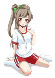 Rule 34 | 10s, 1girl, brown eyes, brown hair, gym shorts, gym uniform, hand on own chest, long hair, love live!, love live! school idol festival, love live! school idol project, minami kotori, one side up, shorts, sitting, smile, solo, tsukasa 0913, wariza