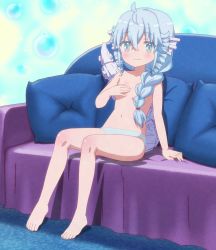 Rule 34 | 1girl, ahoge, blue eyes, blue hair, blue panties, blush, breasts, collarbone, couch, fa (rpg fudousan), feet, hair between eyes, hair over breasts, hand on own chest, highres, long hair, looking at viewer, matching hair/eyes, navel, panties, rpg fudousan, screencap, sitting, small breasts, smile, stitched, stomach, tail, thighs, third-party edit, topless, underwear