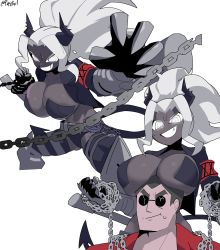 1boy, 1girl, breast rest, breasts, breasts on head, chains, claws, closed mouth, colored eyelashes, colored skin, firstw1, glowing, glowing eyes, grey skin, grin, helltaker, helltaker (character), highres, horns, huge breasts, judgement (helltaker), long hair, looking at viewer, simple background, smile, white background, white eyes, white hair