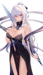 Rule 34 | 1girl, alternate costume, bare shoulders, black dress, blush, breasts, bridal gauntlets, cleavage, closed mouth, clothing cutout, collarbone, dress, hair ornament, hand on own chest, highres, honkai: star rail, honkai (series), jingliu (honkai: star rail), large breasts, long hair, looking at viewer, navel, navel cutout, ponytail, red eyes, ru zhai, simple background, solo, standing, thighs, white background, white hair