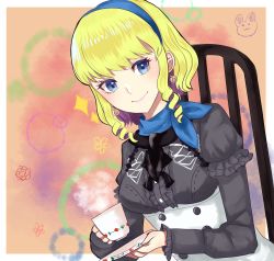 Rule 34 | 1girl, blonde hair, blue eyes, chair, constance von nuvelle, cup, curly hair, earrings, fire emblem, fire emblem: three houses, flower, hairband, highres, jewelry, multicolored hair, nintendo, otokajife, sitting, solo, sparkle, teacup, two-tone hair