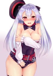 Rule 34 | 1girl, bad id, bad pixiv id, belt, blush, breasts, cleavage, collarbone, cosplay, covering privates, covering breasts, detached collar, detached sleeves, embarrassed, fate/grand order, fate (series), hair ribbon, hat, unworn hat, unworn headwear, helena blavatsky (fate) (cosplay), helena blavatsky (fate), highres, large breasts, leotard, long hair, looking at viewer, open mouth, red eyes, ribbon, voice actor connection, silver hair, solo, strapless, strapless leotard, thighhighs, tomoe gozen (fate), tomojo, wavy mouth
