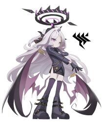 Rule 34 | 1girl, absurdres, atat250, black gloves, black ribbon, black skirt, blue archive, boots, closed mouth, full body, gloves, grey hair, hair ribbon, halo, highres, hina (blue archive), horns, jacket, long hair, low wings, multiple horns, pencil skirt, purple eyes, purple footwear, purple thighhighs, ribbon, simple background, skirt, solo, standing, thighhighs, very long hair, white background, wings