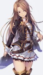 Rule 34 | 10s, 1girl, boots, brown eyes, brown hair, granblue fantasy, highres, katalina (granblue fantasy), long hair, metindone, military, military uniform, pleated skirt, skirt, solo, sword, thigh boots, thighhighs, uniform, very long hair, weapon, white skirt