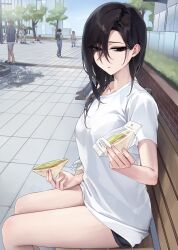 1girl bare_legs bench black_eyes black_hair black_shorts breasts collarbone commentary_request eyes_visible_through_hair feet_out_of_frame food hair_between_eyes hair_over_one_eye highres holding holding_food holding_sandwich long_hair looking_at_viewer medium_breasts on_bench original outdoors parted_lips people sabotensuteeki sandwich shirt shorts sitting solo_focus white_shirt