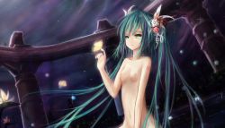 Rule 34 | 1girl, bad id, bad pixiv id, breasts, bug, butterfly, flower, green eyes, green hair, hair flower, hair ornament, hatsune miku, highres, insect, long hair, matching hair/eyes, night, nude, small breasts, solo, twintails, very long hair, vocaloid, wangchuan de quanyan