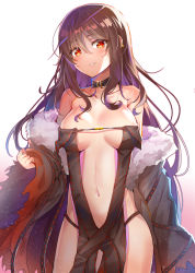 Rule 34 | 1girl, arm at side, armpit crease, bare shoulders, black choker, black dress, black hair, black jacket, blush, breasts, breasts apart, center opening, choker, collarbone, commentary, cowboy shot, dress, earrings, fate/grand order, fate (series), fur trim, gradient background, hair between eyes, hand up, head tilt, highres, jacket, jewelry, light particles, long hair, long sleeves, looking at viewer, medium breasts, navel, off shoulder, open clothes, open jacket, parted lips, red eyes, revealing clothes, ribbon trim, sidelocks, solo, standing, stomach, sunhyun, torn clothes, white background, wide sleeves, yu mei-ren (fate)
