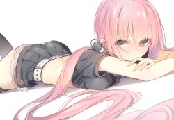Rule 34 | 1girl, ass, blue eyes, blush, breasts, eyes visible through hair, kojiki-life, long hair, looking at viewer, low twintails, lying, megurine luka, midriff, on stomach, pink hair, short sleeves, skirt, solo, thighhighs, twintails, vocaloid, white background