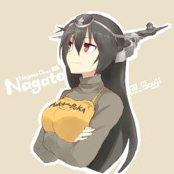 Rule 34 | 10s, 1girl, apron, bad id, bad twitter id, black hair, character name, crossed arms, hair ornament, kantai collection, nagato (kancolle), puka puka, red eyes, shigino sohuzi, solo, sweater, turtleneck, twitter username