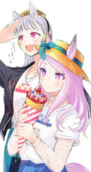 Rule 34 | 2girls, absurdres, animal ears, black jacket, blush, closed mouth, crepe, ears through headwear, food, food on face, gold ship (umamusume), grey hair, hat, highres, holding, holding food, horse ears, horse girl, horse tail, jacket, jewelry, long hair, long sleeves, mejiro mcqueen (umamusume), multiple girls, necklace, open mouth, pink eyes, purple eyes, purple hair, rosette (roze-ko), shading eyes, shirt, simple background, smile, straw hat, tail, thick eyebrows, translation request, umamusume, upper body, white background, white shirt, zipper
