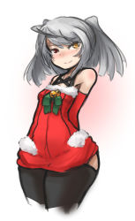 Rule 34 | 10s, 1girl, ahoge, arceonn, arms behind back, bare shoulders, black thighhighs, blush, breasts, christmas, cowboy shot, cropped legs, dress, heterochromia, highres, infinite stratos, laura bodewig, red dress, red eyes, red skirt, silver hair, skirt, small breasts, smile, solo, thighhighs, two side up, wide hips, yellow eyes
