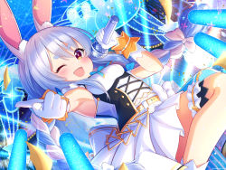 Rule 34 | 1girl, animal ear fluff, ass, blue hair, braid, breasts, brown eyes, concert, corset, dutch angle, gloves, glowstick, highres, holding, holding microphone, hololive, idol, long hair, magowasabi, microphone, music, pekomon (usada pekora), official alternate costume, one eye closed, open mouth, pointing, pointing at viewer, rabbit girl, sidelocks, singing, small breasts, smile, solo, triangle chain, twin braids, twintails, usada pekora, virtual youtuber, white gloves