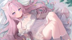 Rule 34 | 1girl, animal ear fluff, animal ears, blue hair, breasts, cat ears, cat girl, cleavage, commentary, commission, detached sleeves, dress, hair intakes, indie virtual youtuber, itigori ena, kurage cc, long hair, medium breasts, multicolored hair, partially submerged, pink hair, purple eyes, skeb commission, solo, streaked hair, symbol-only commentary, virtual youtuber, white dress