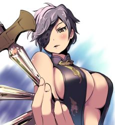 Rule 34 | 10s, 1girl, black one-piece swimsuit, blush, breasts, brown eyes, eyepatch, granblue fantasy, knife, large breasts, looking at viewer, mochi (bokkuri), one-piece swimsuit, open mouth, short hair, silver hair, slingshot swimsuit, solo, swimsuit, tania (granblue fantasy), tanya (granblue fantasy)