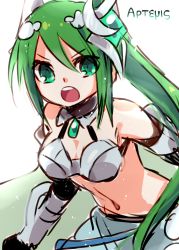 Rule 34 | 1girl, armor, artemis (p&amp;d), bad id, bad pixiv id, bare shoulders, bikini armor, breasts, cape, character name, cleavage, greek text, green eyes, green hair, hair ornament, highres, koza, kozakura (dictionary), leaning, leaning forward, light particles, long hair, matching hair/eyes, navel, open mouth, ponytail, puzzle &amp; dragons, simple background, solo, vambraces, very long hair, white background
