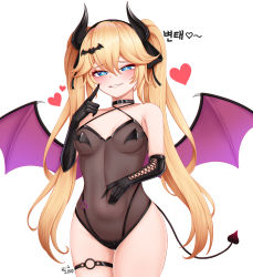 Rule 34 | 1girl, 82jhin, absurdres, bat hair ornament, black gloves, blonde hair, blue eyes, blush, breasts, bright pupils, choker, cleavage, collarbone, demon girl, demon horns, demon tail, demon wings, elbow gloves, gloves, grin, hair ornament, half-closed eyes, heart, highres, horns, index finger raised, korean text, last origin, lips, long hair, looking at viewer, medium breasts, navel, o-ring, o-ring thigh strap, parted lips, smile, solo, tail, teeth, thetis (last origin), thigh strap, thighs, translation request, twintails, white pupils, wings
