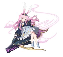 Rule 34 | 1girl, absurdres, animal ears, artist request, bare legs, beam rifle, blue dress, blue footwear, blush, boots, bow, cloud, contrail, cotton ball, crossed legs, dress, energy gun, eversoul, game cg, hair ornament, hanbok, highres, korean clothes, large bow, long hair, long skirt, looking to the side, official art, pink hair, puffy sleeves, rabbit ears, rabbit girl, red eyes, shield, sitting, skirt, sleeves past wrists, smile, solo, soonie (eversoul), tachi-e, transparent background, turtle, weapon
