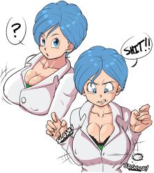 Rule 34 | 1girl, ?, blue eyes, blue hair, bouncing breasts, breasts, bulma, buttons, cleavage, clenched teeth, covered erect nipples, dragon ball, dragon ball super, english text, female focus, hands up, highres, large breasts, looking at viewer, matching hair/eyes, mature female, motion lines, multiple views, open mouth, popped button, pseudocel, short hair, simple background, solo, sound effects, speech bubble, teeth, upper body, wardrobe malfunction, white background