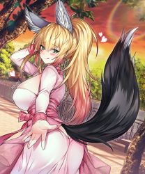 Rule 34 | 1girl, animal ear fluff, animal ears, black tail, blonde hair, blush, bow, breasts, clothing cutout, dress, fox ears, fox tail, green eyes, heart, highres, large breasts, licking lips, long hair, looking at viewer, mal poi, multicolored hair, original, outdoors, park, pink hair, ponytail, ribbon, smile, solo, tail, tail through clothes, tongue, tongue out, two-tone hair, water
