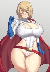 Rule 34 | 1girl, aster crowley, blue eyes, blush, breasts, cape, cleft of venus, dc comics, gloves, highres, huge breasts, one eye closed, power girl, short hair, solo, wink