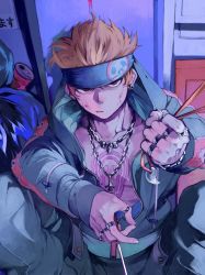 Rule 34 | 1boy, brown eyes, brown hair, can, chain, chain necklace, chest tattoo, earrings, headband, highres, holding, holding knife, hood, hooded jacket, jacket, jewelry, kazanniro, kirito (housamo), knife, looking at viewer, male focus, necklace, partially unzipped, pectorals, pov, short hair, skull earrings, solo, tattoo, tokyo houkago summoners, toned, toned male, trash, trash bag, weapon