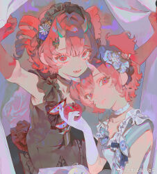 2girls apple breasts copyright_request curtains demon_girl demon_horns drill_hair elbow_gloves fangs flower food fruit gloves gothic_lolita hair_flower hair_ornament hairband heads_together highres horns lolita_fashion lolita_hairband mgong520 multiple_girls oni open_mouth siblings small_breasts twin_drills twins two_side_up