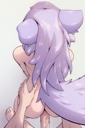 Rule 34 | 1boy, 1girl, animal ears, completely nude, erection, from above, hetero, highres, just the tip, leaning forward, long hair, nude, original, penis, pov, pov crotch, purple hair, rengaboo, sex, sex from behind, tail, tail raised, torso grab